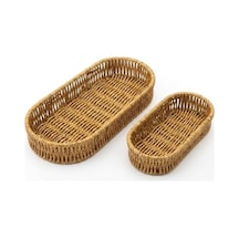 Oval Hasır Örgü Dekoratif Sepet Tepsisi, Doğal Renk, 2&apos Li Set, Büyük 28x10x5 Cm, Küçük 24x9x5 Cm