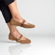 Ne&ve Shoes Camet Süet Hakiki Deri Yuvarlak Burunlu Tokalı Kadın Babet Camel