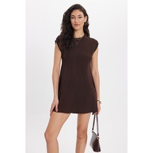 Tudors Kadın Standart Fit Normal Kesim Kolsuz Bisiklet Yaka Kahverengi Triko Elbise-50696