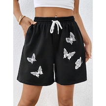 Butterfly Print Drawstring Waist Şort Siyah