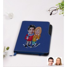 Kişiye Özel Sevgililer Karikatürlü Lacivert Termo Deri Defter-107