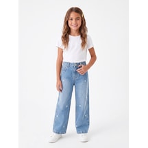 Onloox Kız Çocuk Açık Mavi Kız Çocuk Açık Mavi Pamuklu Geniş Paça Regular Papatya Nakışlı Jean Pantolon 1.5-5 Yaş