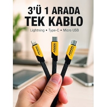 3'lü Şarj Kablosu Hızlı Şarj Destekli Dayanıklı Örgü Usb Kablo 3855796