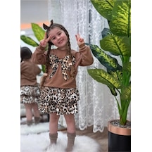Nehirim Kids Kız Çocuk Uzun Kollu Leoparlı Ve Dantelli Salopet Mevsimlik Elbise 3-4-5-6-7-8-9-10 Yaş Kahverengi