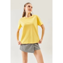 Kadın Oversize Rahat %100 Pamuklu Penye Bisiklet Yaka Kısa Kol Basic T-shirt Sari