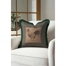 Retro Tavuk Figürlü Saçaklı Yastık Kılıfı - Country Vintage Haki Yeşil Püsküllü Kırlent Kılıfı Pastel Göl Yeşil