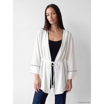 Lcw Studıo Beyaz V Yaka Çizgili Kadın Kimono