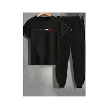 Medinenur Paris Baskılı T-shirt Eşofman Altı Jogger Rahat Kalıp Siyah Eşofman Takım Siyah