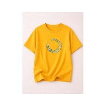 Herkesemoda Kelebek Döngüsü Baskı Detaylı Kadın Bisiklet Yaka Pamuklu T-shirt Sarı