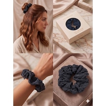 Bürümcük Dokulu Kumaş Hacimli Scrunchie Lastik Toka Farklı Renk Seçenekli Koyu Gri