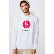 Musically Logo Ly Baskılı Beyaz Erkek Örme Kapşonlu Sweatshirt