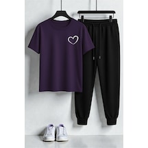 Uyguntarz Unisex Minimal Kalp Baskılı Tasarım Baskılı Tişört - 2'li Eşofman Takımı Mor
