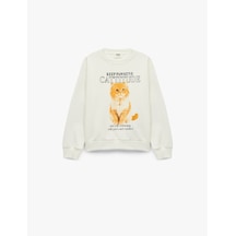 Koton Pamuklu Uzun Kollu Bisiklet Yaka Kedi Baskılı Sweatshirt Ekru 6wkg10364ak Ekru