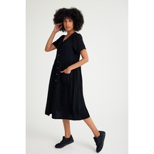 Barbora Keten Günlük Rahat V Yaka Beli Büzgü Detaylı Düğmeli Elbise Ln04siyah14 001