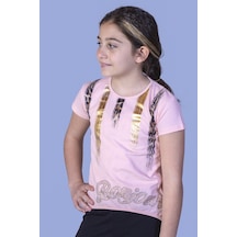 Toontoy Kids Toontoy Kız Çocuk Varak Baskılı Taş İşlemeli Tişört Pudra