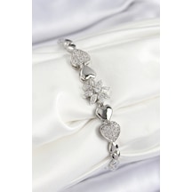 Pirinç Zirkon Taşlı Kalp Detaylı Çiçek Model Gümüş Renk Kadın Bileklik - Tj-bb7528 Gümüş
