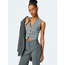 Koton V Yaka Viskon Karışımlı Cepli Slim Fit Ekose Kolsuz Crop Yelek Gri Ekose 5sak20086ew Gri Ekoseli Gri