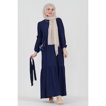 Sevitli Şura Fitilli Tesettür Elbise-saks Mavi-3297-saks Mavi Saks