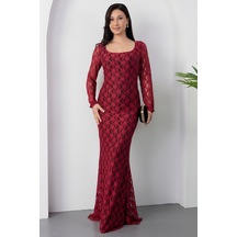 Kalopya Kare Yaka Dantel Balık Elbise Ap-3005 Bordo