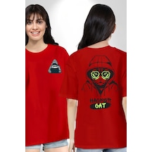 Hacker Kedi Bilgisayar Korsanı Yeşil Gözlük Kırmızı Oversize Unisex Ön Ve Sırt Baskılı Tişört Kırmızı