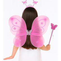 Pembe Kelebek Kız Seti 50 Cm Kelebek Kanadı, Taç Ve Asa