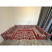 Coton Şark Köşesi Minderi Otantik Desenli Kilim Takımı Kırmızı