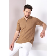 Ferraro Camel Polo Yaka Fermuarlı Erkek Pamuk Triko T-Shirt-Kahverengi (490417822) Kahverengi