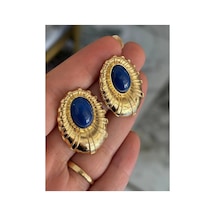 Vintage Model Mavi Taş Ve Gold Çerçeveli Küpe Altın
