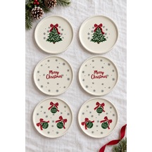 Merry Christmas 6 Lı 20 Cm Stackable Seramik Pasta, Tatlı Ve Servis Tabağı Seti Beyaz