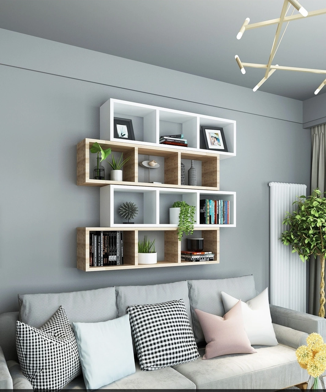 Kitaplık Lux Yatay Duvar Rafı Meşe Beyaz 4 Lü Takım Meşe Beyaz