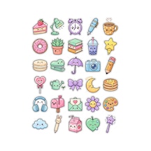 30 Adet Sevimli Eşyalar Sticker Seti Çilekli Pasta, Puantiyeli Kahve Kupası, Yaban Mersinli Boba Çayı - Laptop Defter Çok Renkli