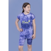 Toontoy Kids Kız Çocuk 2'li Takım Baskılı Bisiklet Yaka T-shirt & Basic Düz Crop Tayt Lacivert