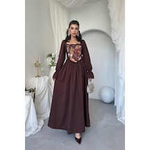 Nils Boutique Vintage Korsajlı Midi Elbise Kahverengi
