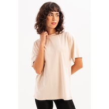 Justever 100% Pamuk Oversize Fit Bisiklet Yaka Bej Kadın T-shirt - Halo Bej