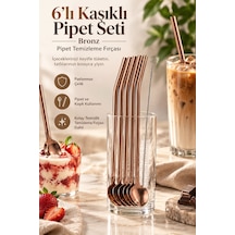 6 Lı Kaşıklı Pipet Seti - Bronz - Pipet Temizleme Fırçası Çok Renkli