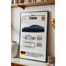 Bmw 8 Serisi Tablo - Teknik Özellikli Alman Grand Tourer Poster - Çerçeveli Duvar Dekoru - Blueprint Siyah