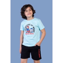 Toontoy Kids Toontoy Erkek Çocuk 2'li Takım Baskılı Bisiklet Yaka Tişört & Beli Lastikli Cepli Şort Su Yeşili