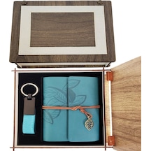 Özel Ahşap Kutulu Mavi Deri Defter Ve Anahtarlık   Set