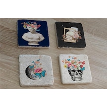 Çiçekli Heykel Kuru Kafa Ve Dünya Doğal Taş Bardak Altlığı 4'lü Set - Natural Stone Coasters - Taş Çok Renkli