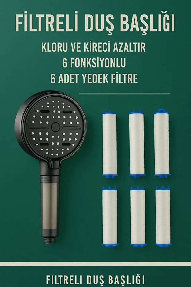 Duş Başlığı Filtreli 6 Fonksiyonlu Klor Ve Kireç Önleyici Su Tasarruflu 6 Yedek Filtre Siyah