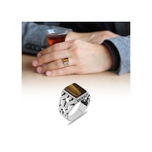 Zincir Tasarım Kaplan Gözü Taşlı 925 Ayar Gümüş Erkek Yüzük (500121508)