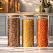 Porsima 4-3 Bambu Vakumlu Kapaklı Yuvarlak Borosilikat Cam 3lü Kavanoz Seti Saklama Kabı 2100ml 10x30cm