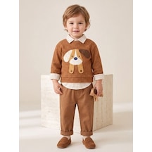 Zekids Erkek Bebek Köpek Aplikeli Kazak Gömlek Ve Pantolon Takım-17437 Kahverengi