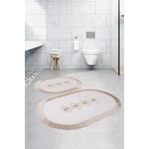 Shems Oval Krem 2'li Dantelli Ve Saçaklı Banyo Halısı Paspası Set Krem