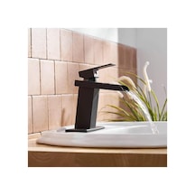 Rena Design Lavabo Bataryasi Mat Siyah Şelale Kare Gövde Eğimli Havza Banyo Armatür Çift Giriş Lüks Ergonamik