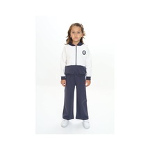 Toontoy Kids Toontoy Kız Çocuk 2'li Takım Baskılı Kapüşonlu Fermuarlı Sweatshirt & Beli Lastikli Bol Paça Eşofman Altı - Renk Bloklu & Nervürlü & 2 İplik Füme