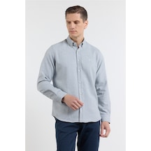 İmza Mavi - Beyaz Düğmeli Yaka Uzun Kol Cepsiz Slim Fit Pamuklu Gömlek 1004260164
