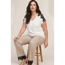 Siyah İnci Desenli Büyük Beden Battal Boy Viskon Örme Pijama Takım 26119532 Ekru