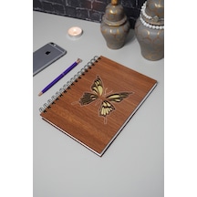 Kelebek Desenli Ahşap Defter - Ajanda - Günlük - Çizgisiz Defter Ahşap Rengi Ceviz