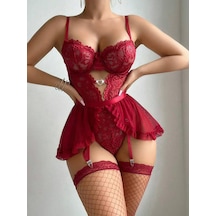 Kadın Dantel & File Jartiyer Takım Siyah / Kırmızı / Bordo Bordo